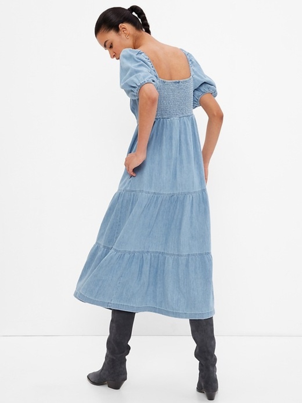 NWOT GAP Denim Puff Sleeve Maxi Dress Sz Medium Tall - Picture 2 of 7